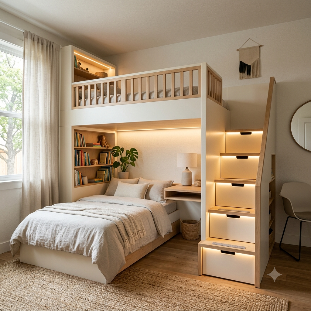 Bunk bed with integrated staircase storage, a space-efficient double-bed arrangement where the access stairs themselves become deep pull-out storage drawers -- each step conceals clothing, bedding or seasonal items without any floor footprint overhead